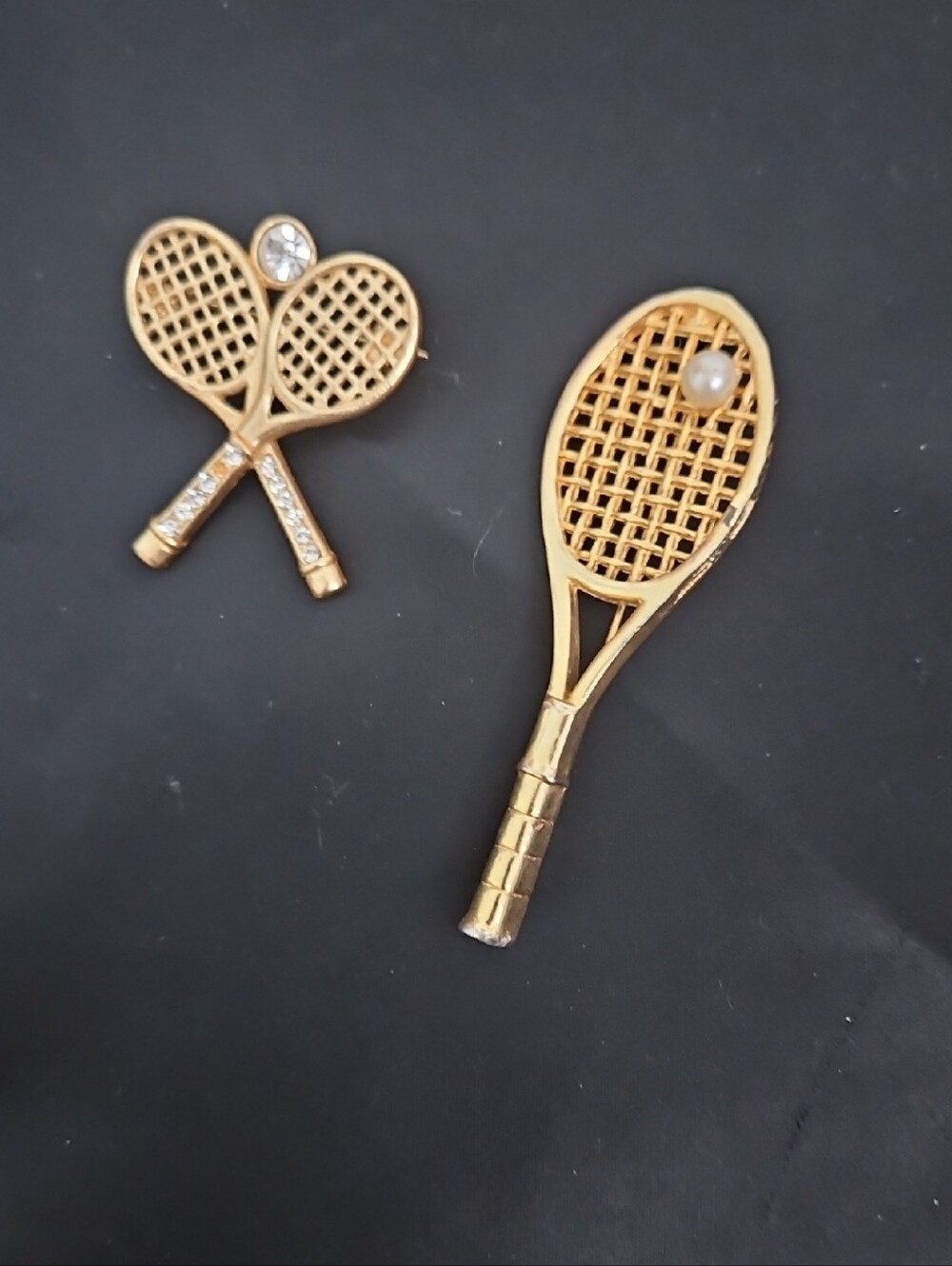 Set Of 2 Pins Gold Tennis Rackets with Crystal &  Tennis Racket Pearl Accent